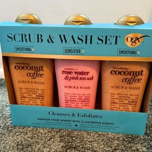 3 pack OGX Coconut Coffee and Rose Water Scrub & Wash Set